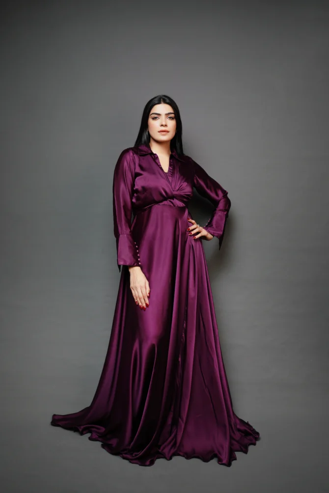 Pure Silk Collar V Neck Long Dress - Image 5