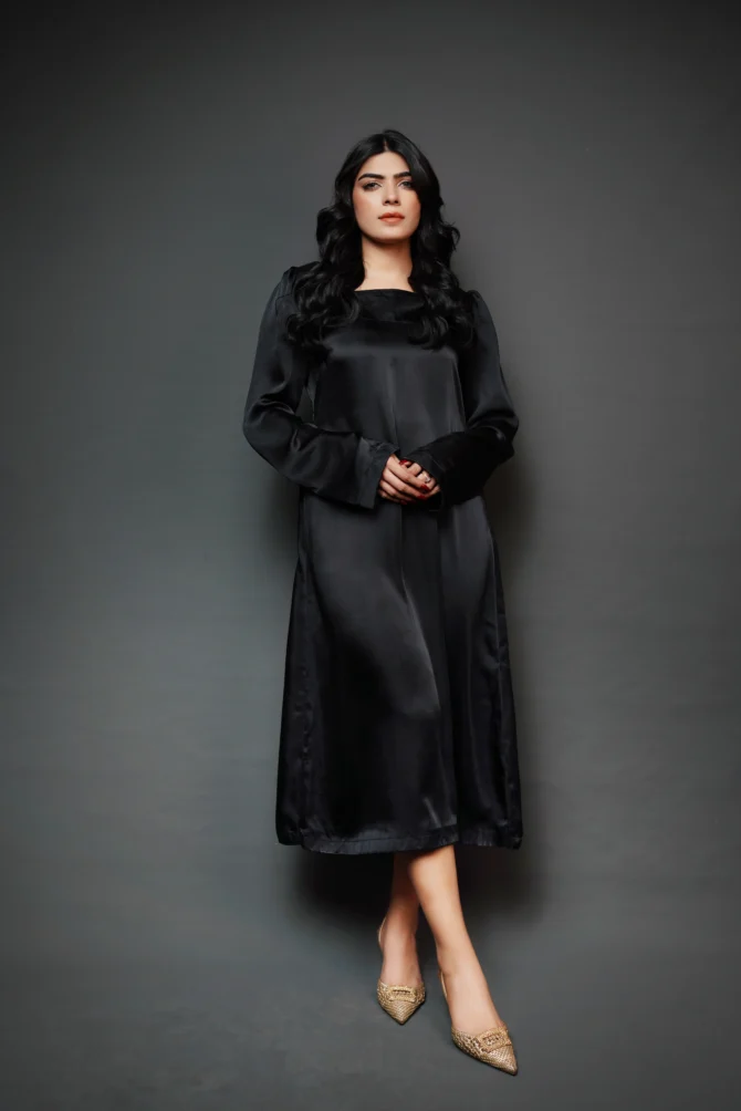 Black Midi Wrap Long Sleeve Dress